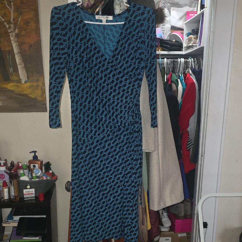 Evan Picone Teal Geometric Long Sleeve Dress